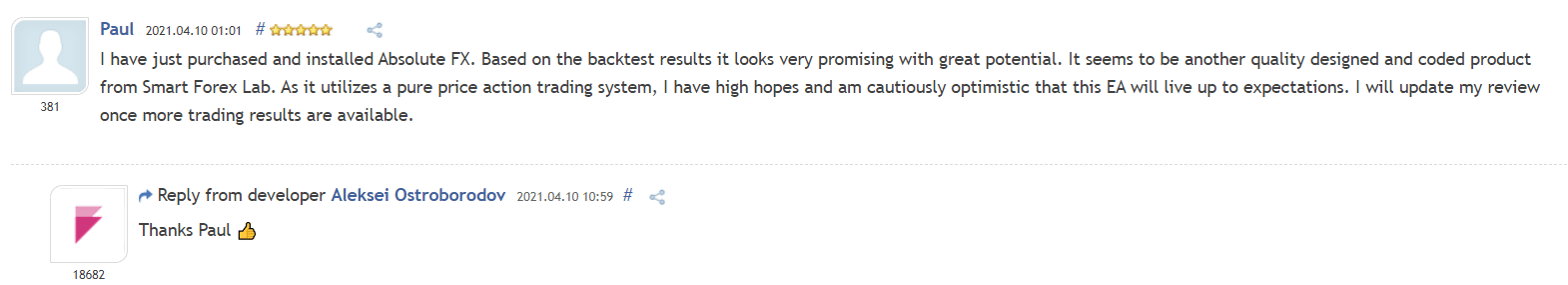 User reviews for Absolute on MQL5