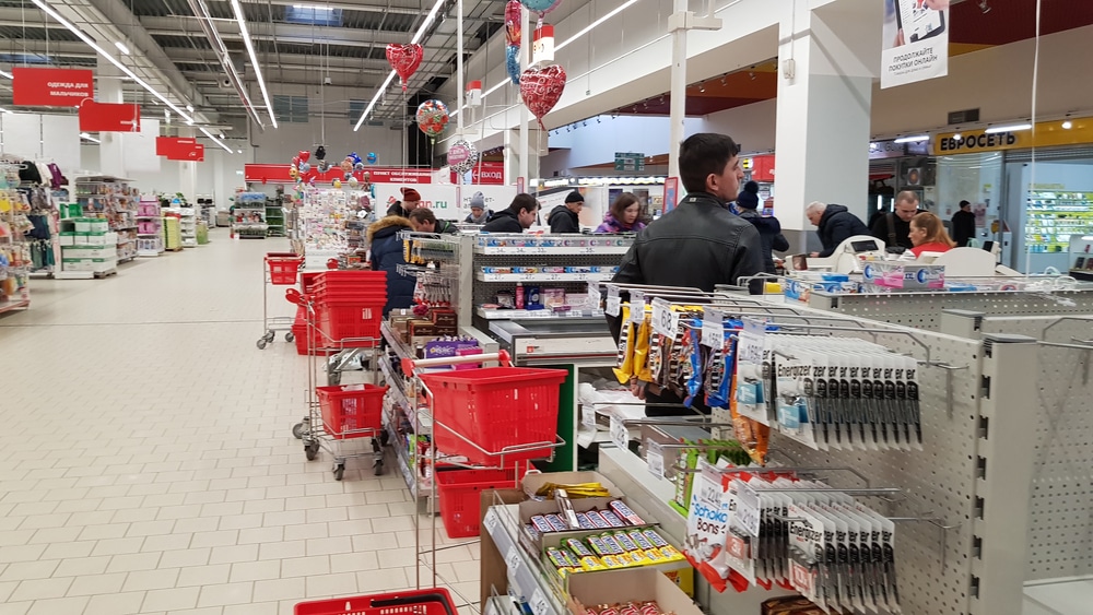 Few customers in the cashier area in the supermarket due to coronovirus