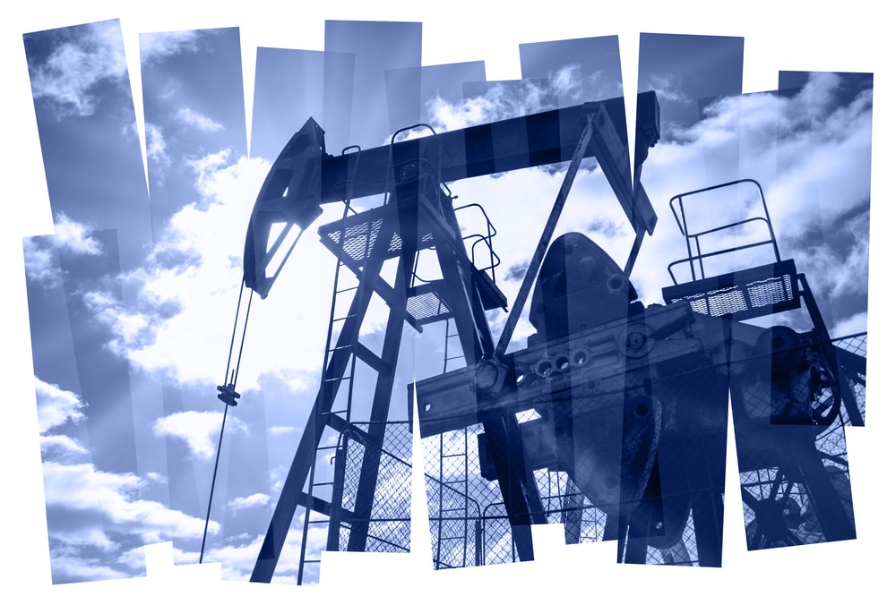 Oil pump abstract composition background. Oil and gas industry. Photo collage toned blue. Isolate on a white.