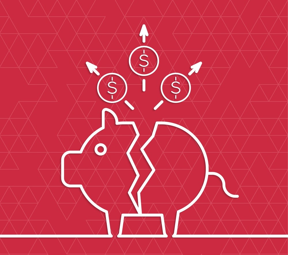 Broken pig piggy bank. Symbol of bankruptcy. Loss of points Currency. Falling through asset outflows. Red background. dollar symbol. minimal. Outline.