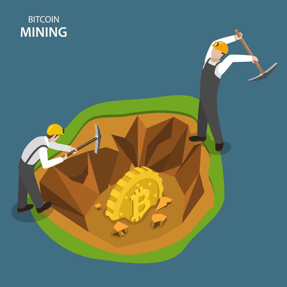 Bitcoin mining isometric flat vector concept. Two miners are digging with picks to get bit coin.