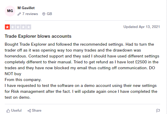 User review for Trade Explorer on Trustpilot