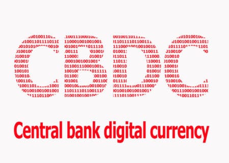 Red inscription CBDC, Central bank digital currency from binary code on a white background