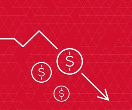 The graph shows the fall and profits decline. Loss of points Currency. Falling through asset outflows. Red background. dollar symbol. minimal. Outline.