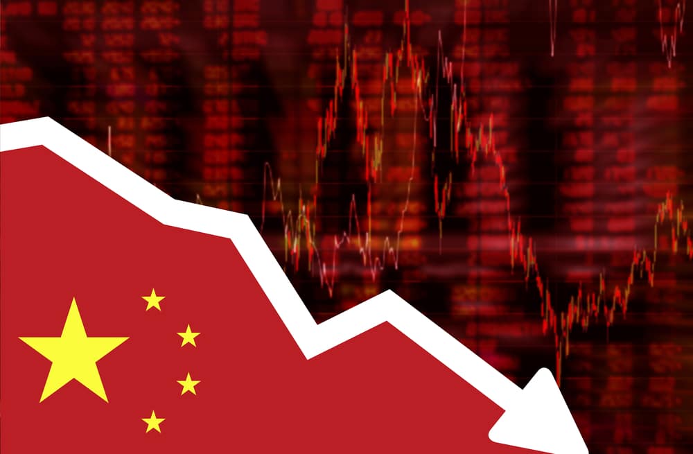 Stock exchange loss red screen with flag of China. Downtrend stock data diagram ideas concept design