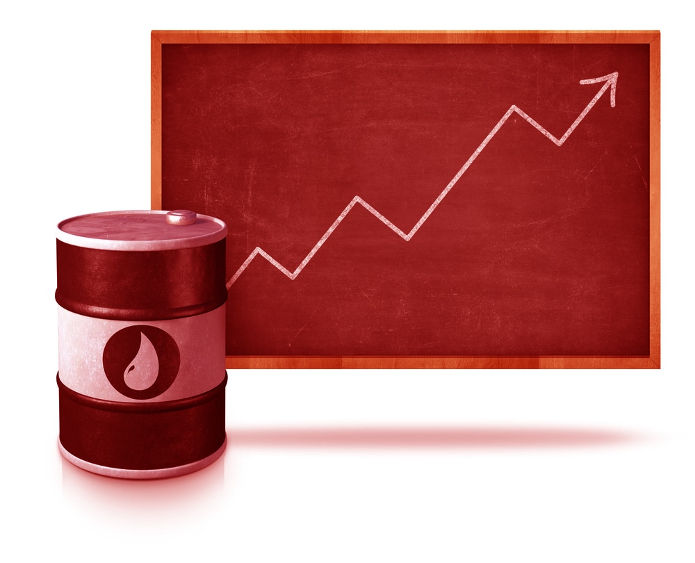 Oil price graph heading upwards on blackboard with oil barrel