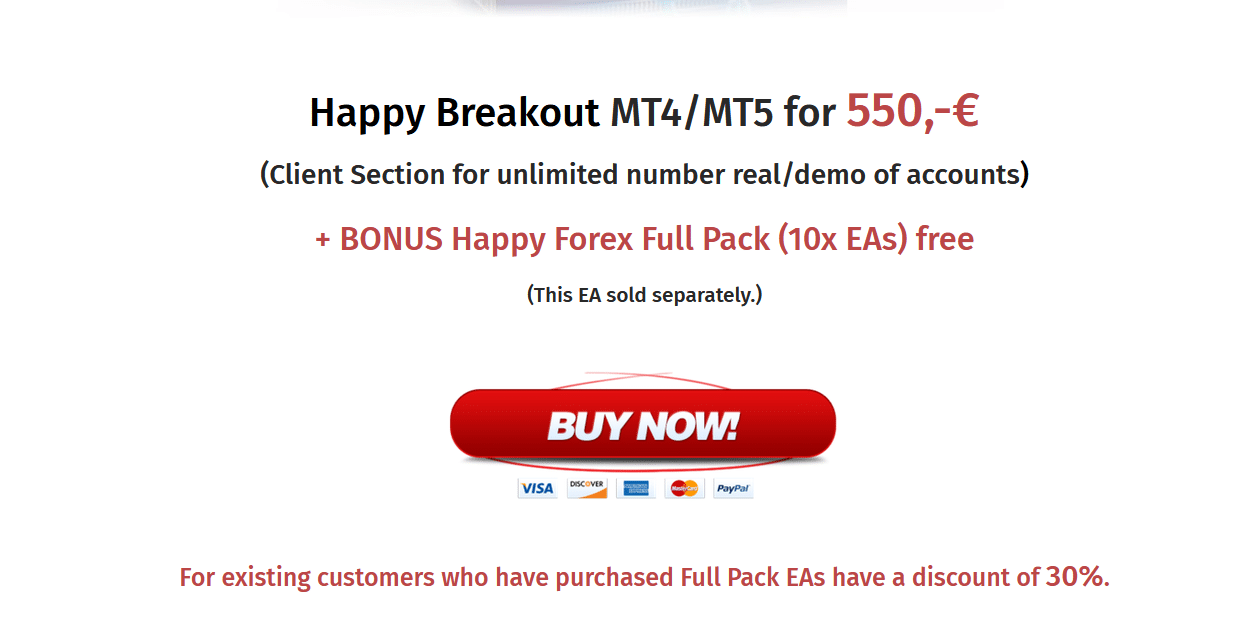 Pricing of the robot on the official Happy Forex website