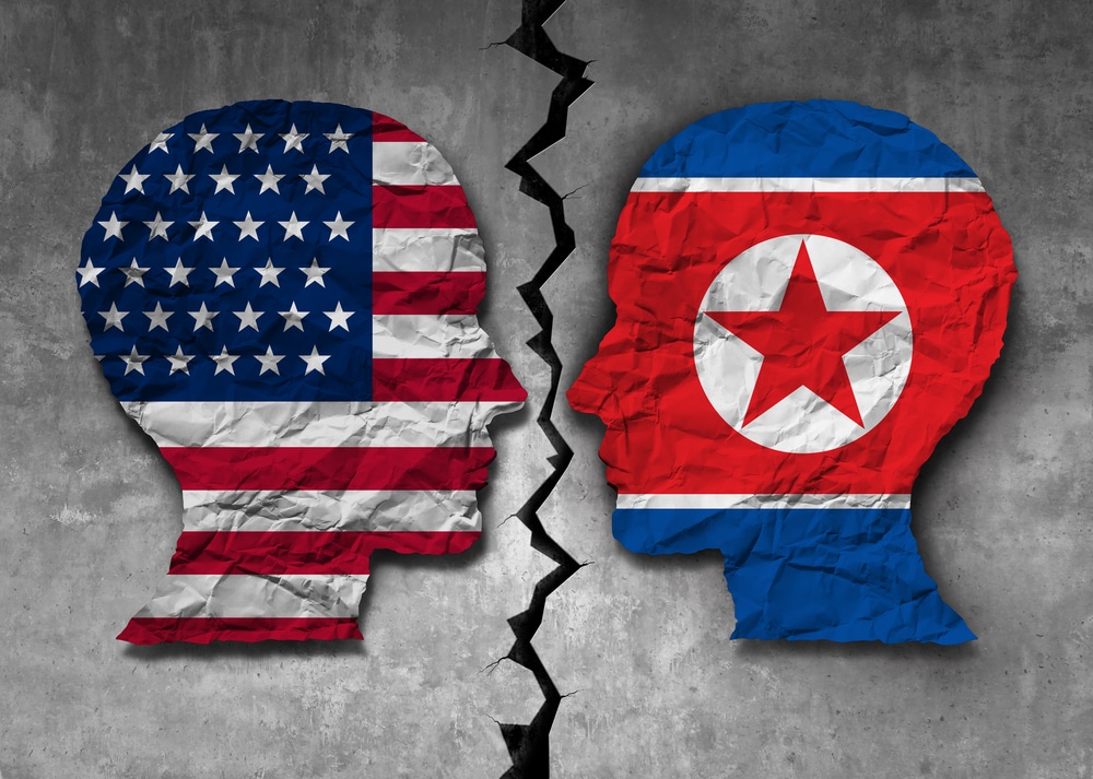 North Korean American challenge and North Korea United States problem diplomacy meeting between pyongyang and washington as an east asian negotiation connection in a 3D illustration style.