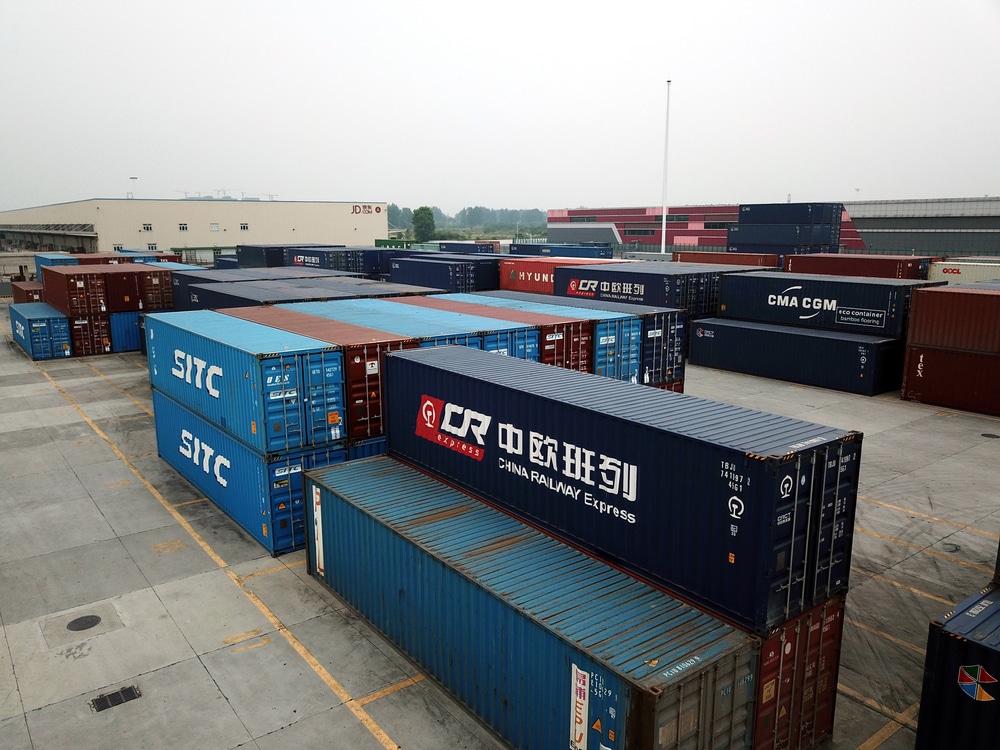 Cargo containers shipped by freight trains of the China-Europe Railway Expres