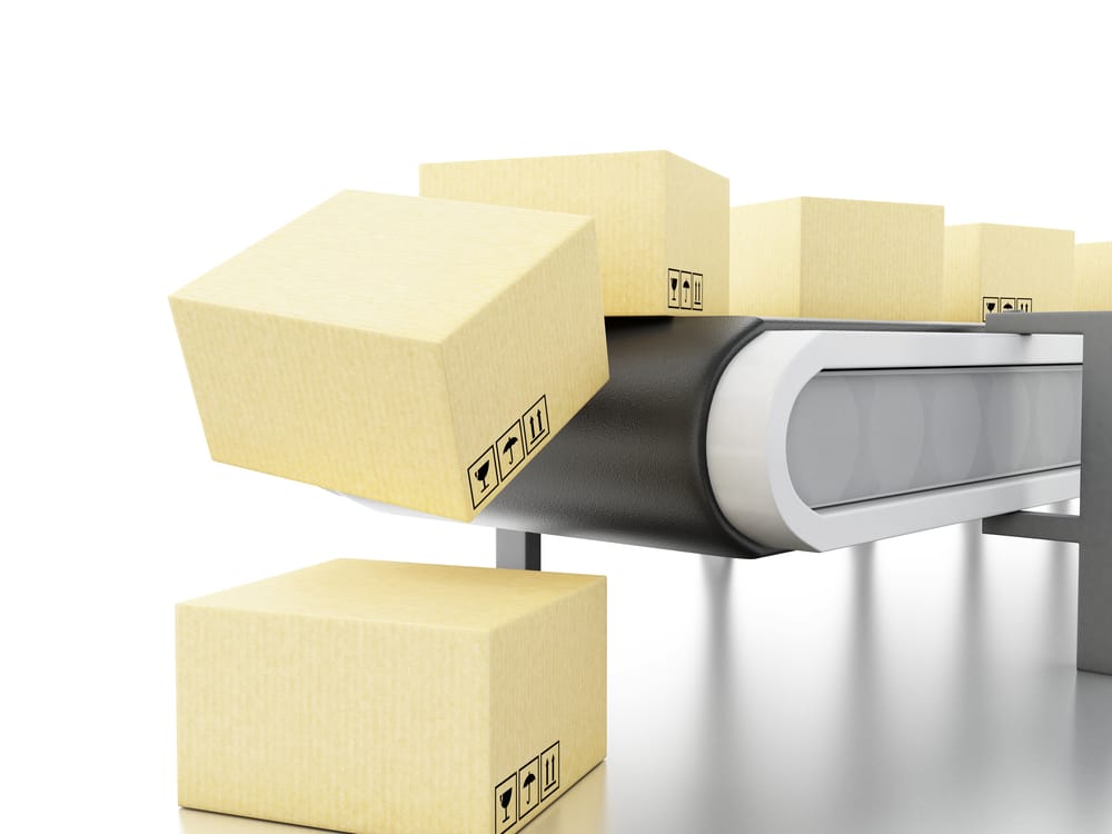 Cardboard boxes on conveyor belt. E-commerce and packaging service concept.