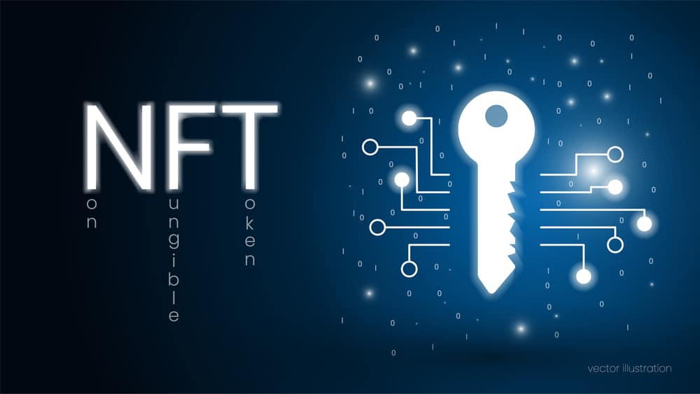 Concept digital key with text NFT, non fungible token. Cryptographic unique token. Crypto technology