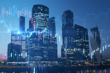 Night city background with glowing forex graph and skyline.