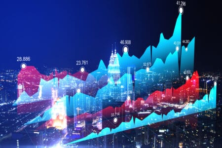 Creative business chart on glowing night city background.