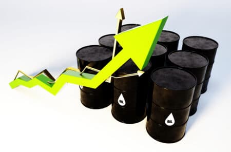 3d image of oil barrels with graph growing