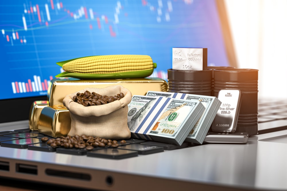 Commodities on laptop keyboard. Stock exchange market trading platform on the screen of pc. 3d illustration