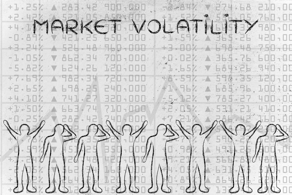 market volatility: group of traders with mixed feelings, happy or sad
