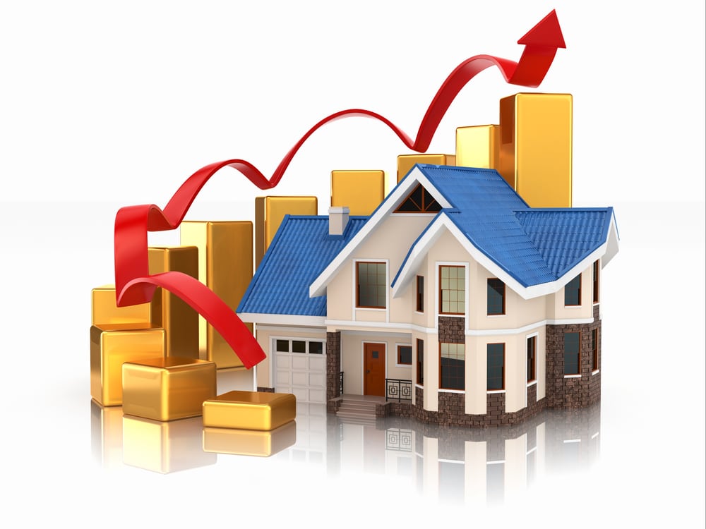 Growth of real estate market House and graph. 3d