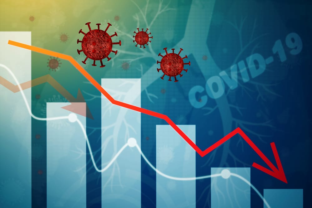 Close up of declining graph of trade market business because coronavirus pandemic impact
