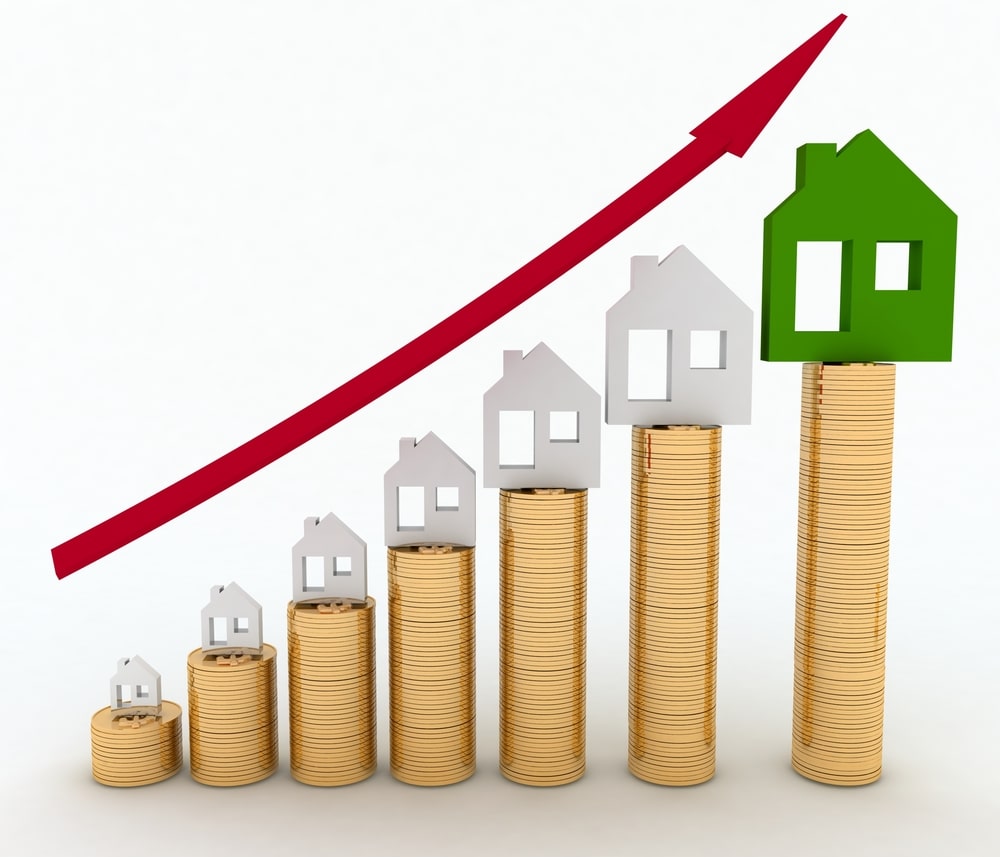Diagram of growth in real estate prices. 3d illustration on white background.
