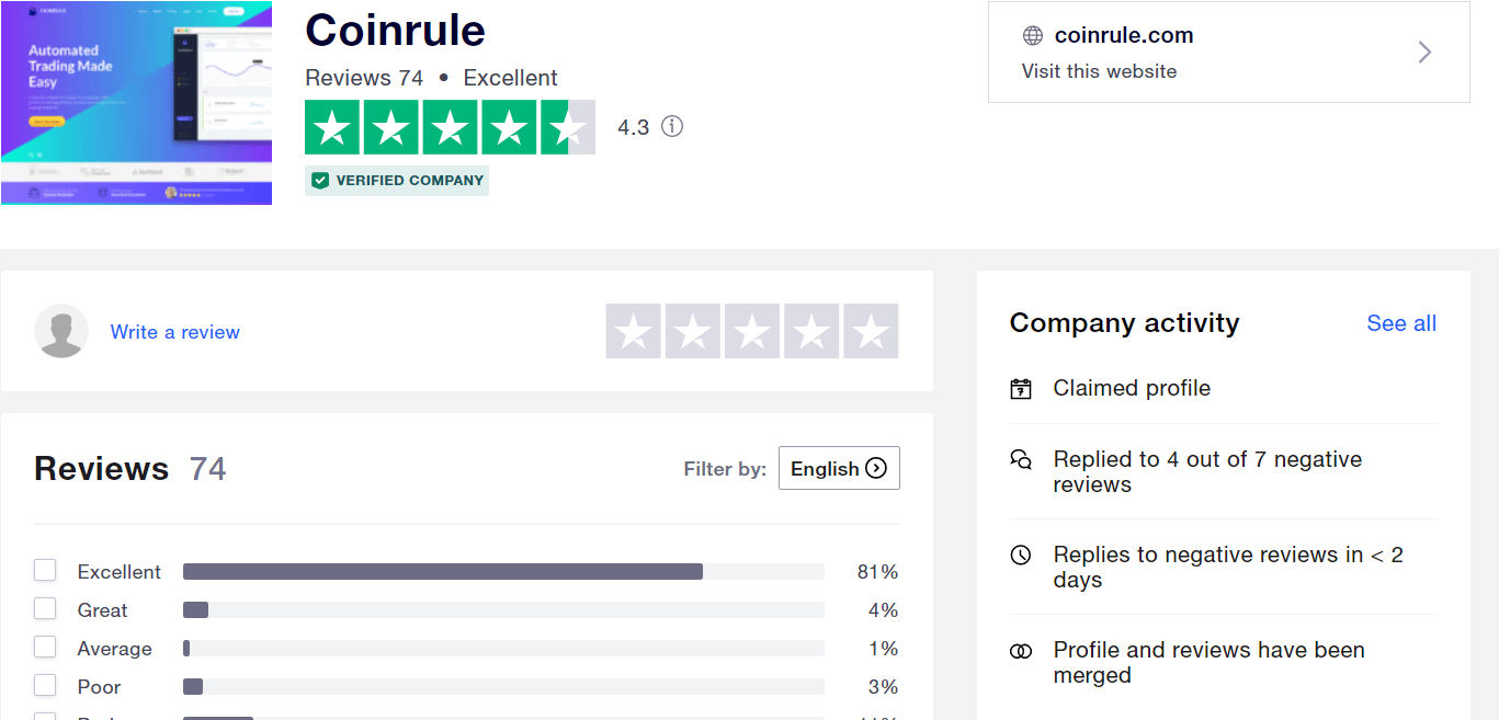 The Coinrule account on TrustPilot