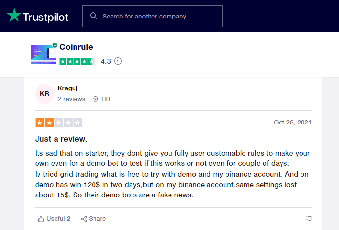 Negative review on Trustpilot.