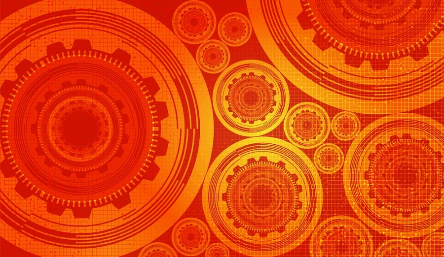 Orange Digital Technology Gears wheel and Cock with Circuit Line Background,vector illustration.
